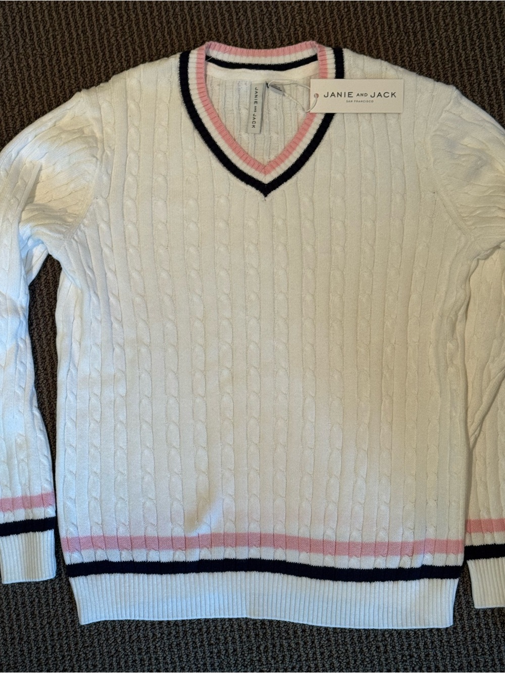 Janie and Jack White Cable Knit Cotton V-Neck Sweater with Pink & Navy Trim